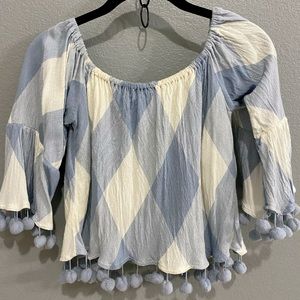 Tularosa Blue/White Pompom Off-Shoulder Top
